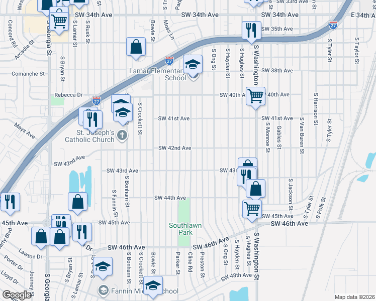 map of restaurants, bars, coffee shops, grocery stores, and more near 4200 Cline Road in Amarillo