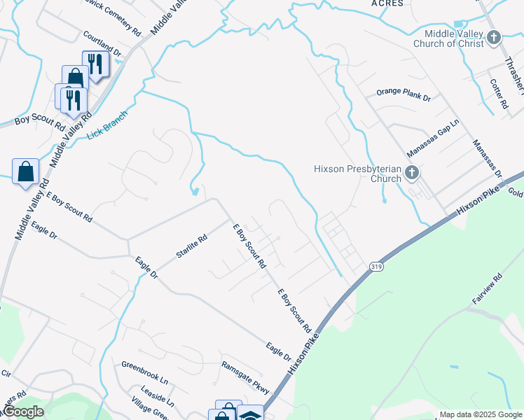 map of restaurants, bars, coffee shops, grocery stores, and more near 1605 Gunston Hall Road in Chattanooga