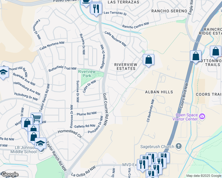 map of restaurants, bars, coffee shops, grocery stores, and more near 4428 Hillcrest Avenue Northwest in Albuquerque