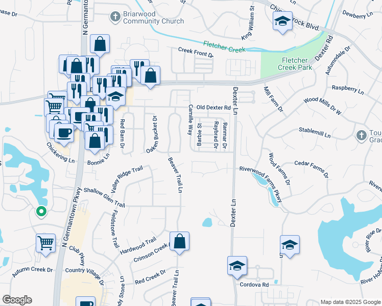 map of restaurants, bars, coffee shops, grocery stores, and more near 8371 Palm Springs Drive in Memphis