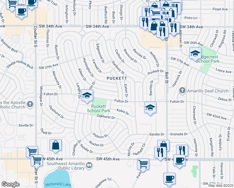 map of restaurants, bars, coffee shops, grocery stores, and more near 3923 Gatewood Street in Amarillo
