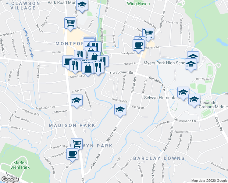 map of restaurants, bars, coffee shops, grocery stores, and more near 557 Wakefield Drive in Charlotte