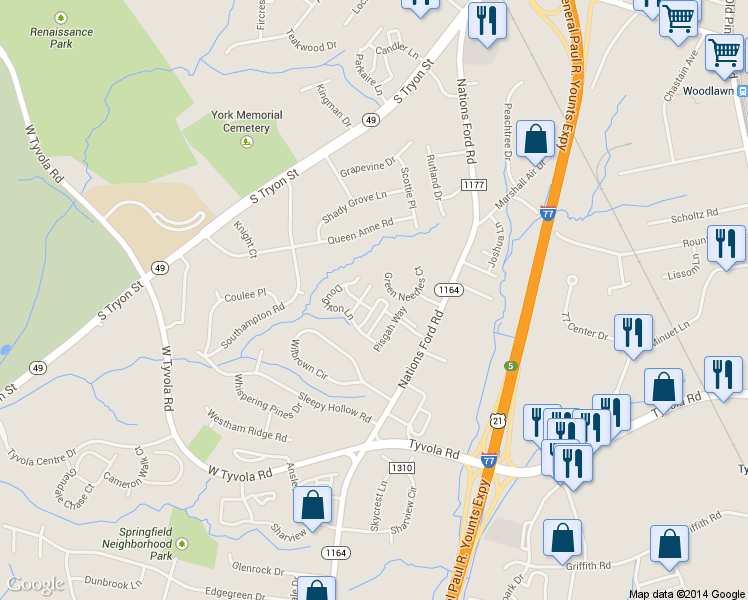 map of restaurants, bars, coffee shops, grocery stores, and more near 5564 Franklin Springs Circle in Charlotte