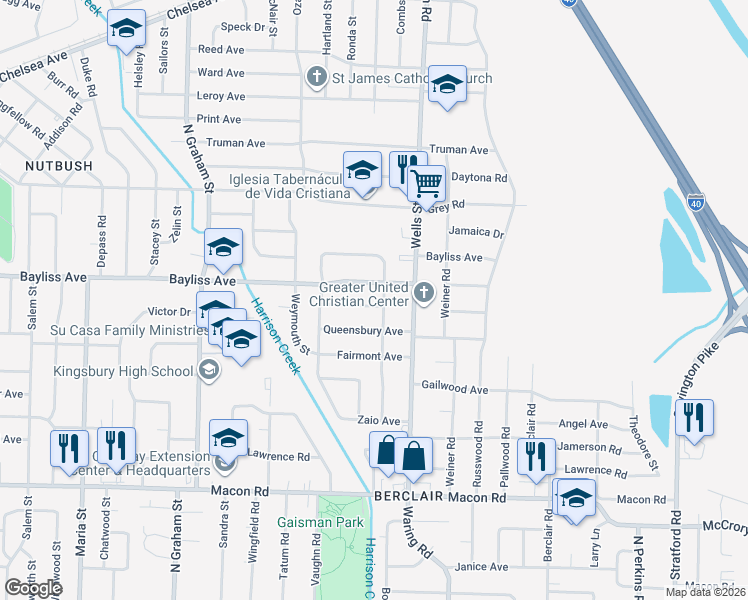 map of restaurants, bars, coffee shops, grocery stores, and more near 4250 Riviera Road in Memphis