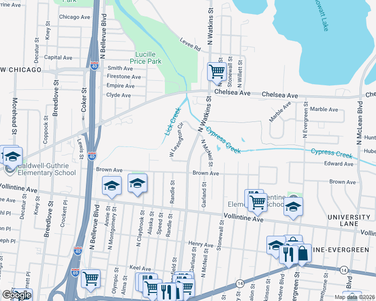 map of restaurants, bars, coffee shops, grocery stores, and more near 1105 North Watkins Street in Memphis