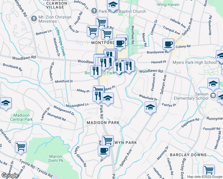 map of restaurants, bars, coffee shops, grocery stores, and more near 1606 Abbey Place in Charlotte
