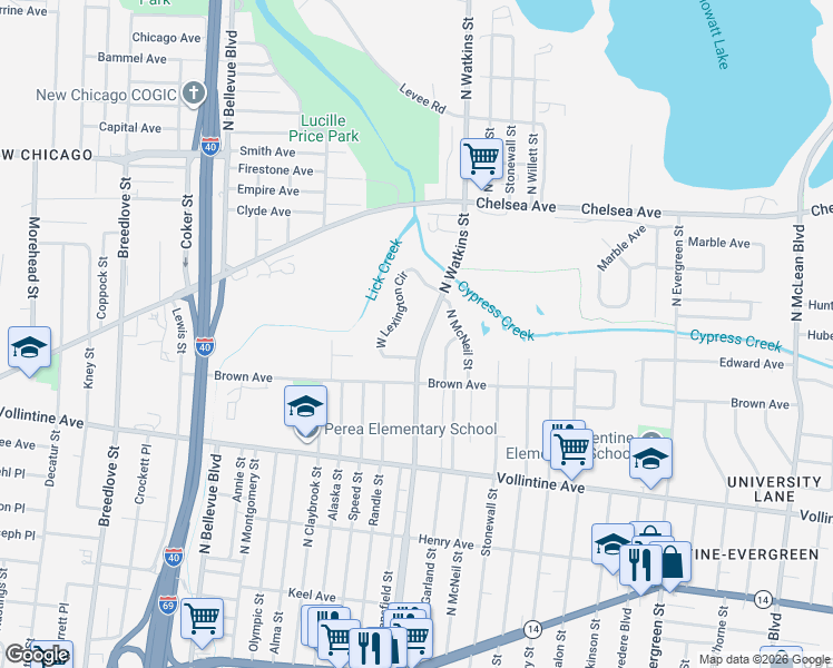 map of restaurants, bars, coffee shops, grocery stores, and more near 1105 North Watkins Street in Memphis
