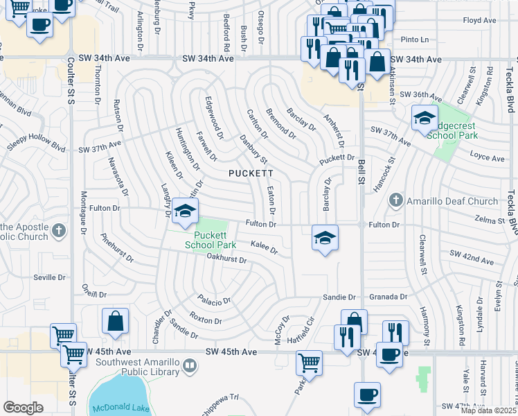 map of restaurants, bars, coffee shops, grocery stores, and more near 3923 Gatewood Street in Amarillo