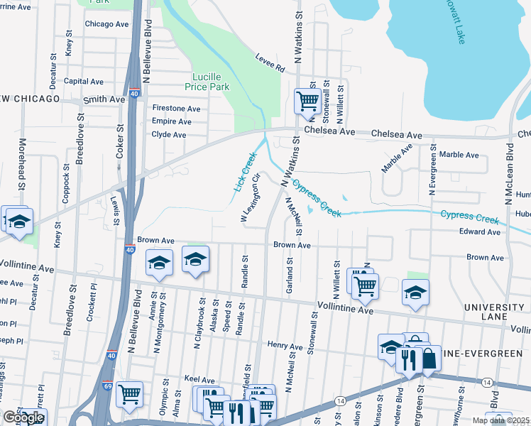 map of restaurants, bars, coffee shops, grocery stores, and more near 1105 North Watkins Street in Memphis