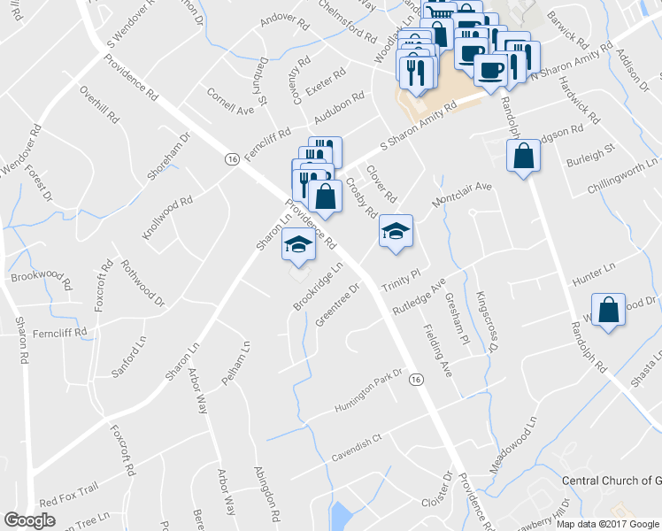 map of restaurants, bars, coffee shops, grocery stores, and more near 2910 Brookridge Lane in Charlotte