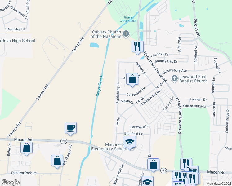 map of restaurants, bars, coffee shops, grocery stores, and more near 1593 Farkleberry Drive in Shelby County