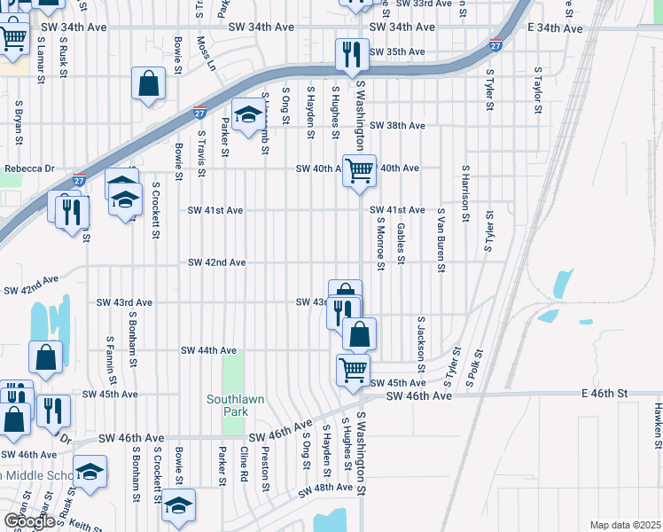 map of restaurants, bars, coffee shops, grocery stores, and more near 4200 South Hughes Street in Amarillo