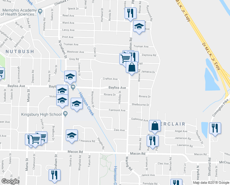 map of restaurants, bars, coffee shops, grocery stores, and more near 4250 Riviera Road in Memphis