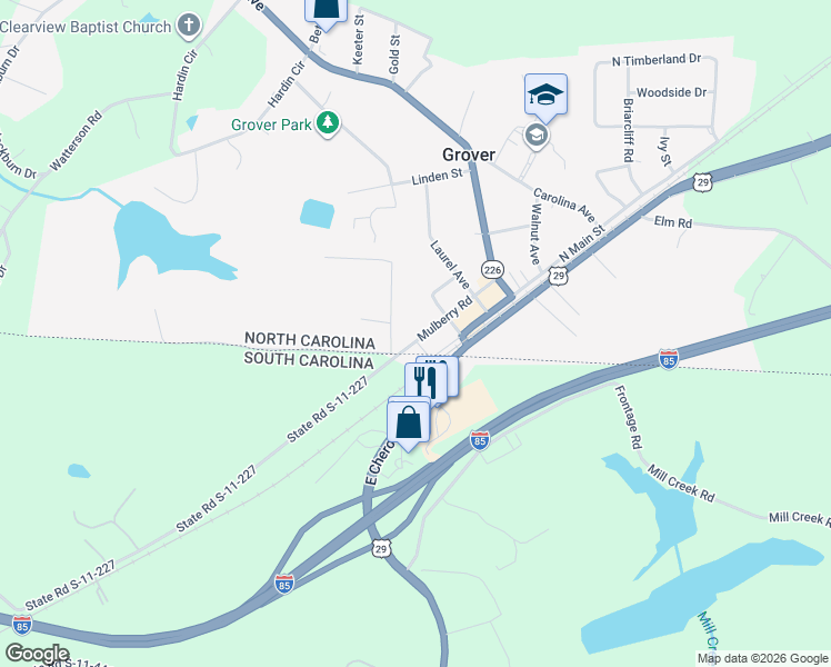 map of restaurants, bars, coffee shops, grocery stores, and more near 308 Mulberry Road in Grover