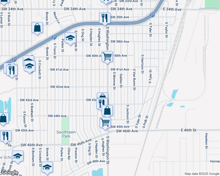 map of restaurants, bars, coffee shops, grocery stores, and more near 4201 South Washington Street in Amarillo