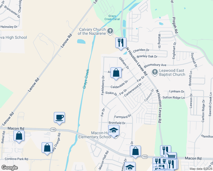 map of restaurants, bars, coffee shops, grocery stores, and more near 9804 Calderdale Cove in Shelby County