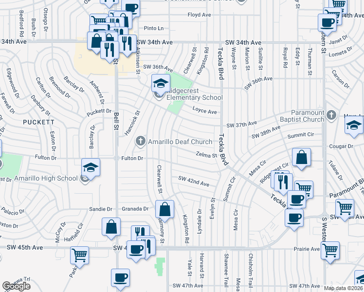 map of restaurants, bars, coffee shops, grocery stores, and more near 5228 Zelma Street in Amarillo