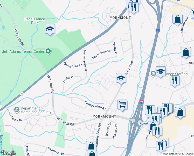 map of restaurants, bars, coffee shops, grocery stores, and more near 345 Bridal Veil Drive in Charlotte