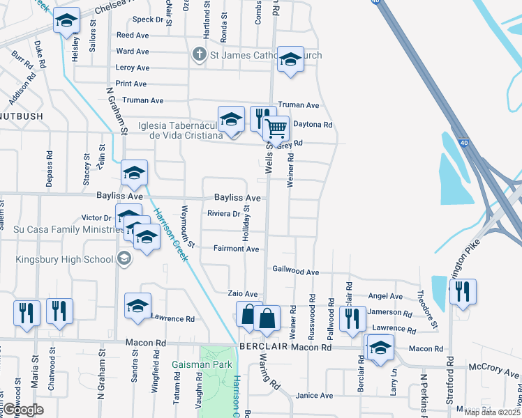 map of restaurants, bars, coffee shops, grocery stores, and more near 1369 Wells Station Road in Memphis