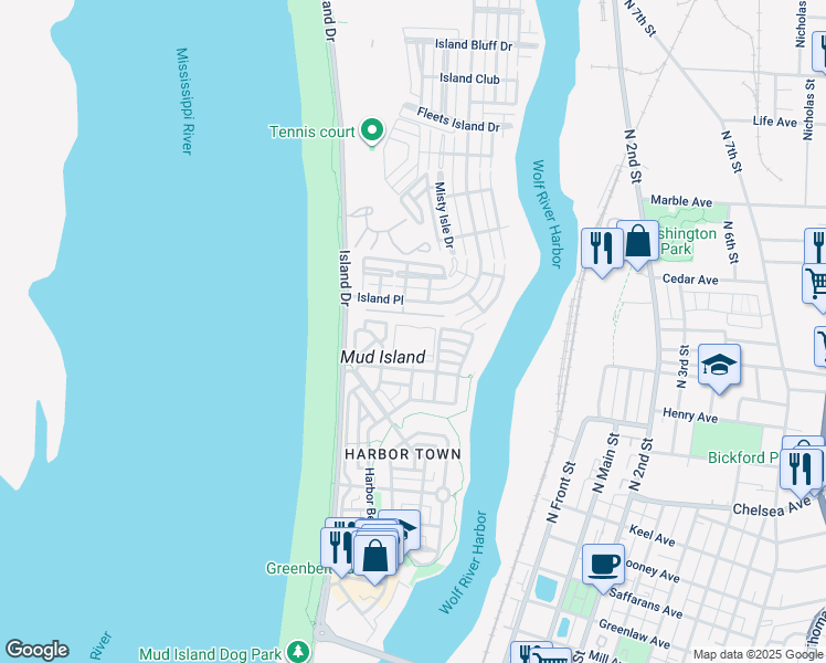 map of restaurants, bars, coffee shops, grocery stores, and more near 133 Harbor Club Circle North in Memphis