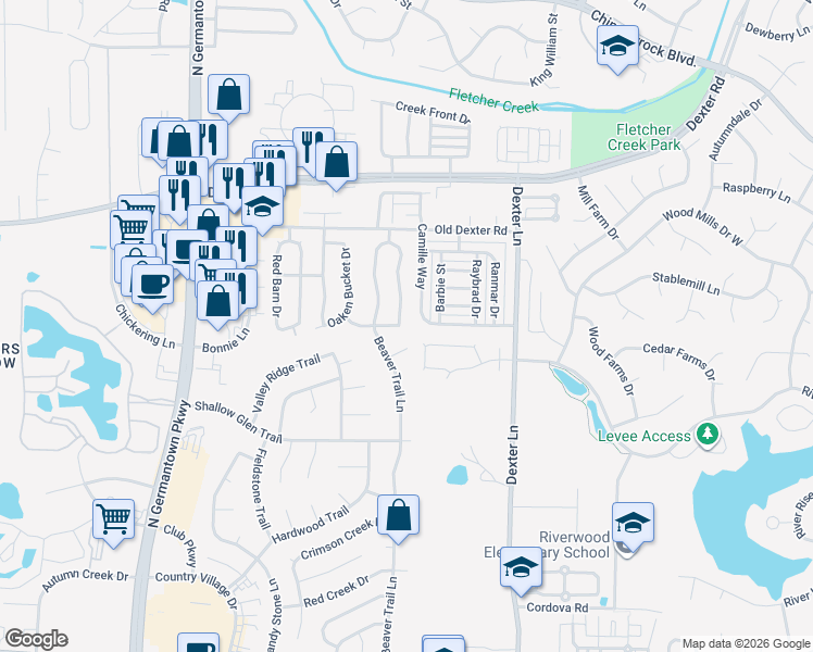 map of restaurants, bars, coffee shops, grocery stores, and more near 8371 Palm Springs Drive in Memphis