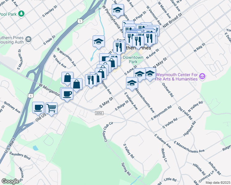 map of restaurants, bars, coffee shops, grocery stores, and more near 480 South May Street in Southern Pines