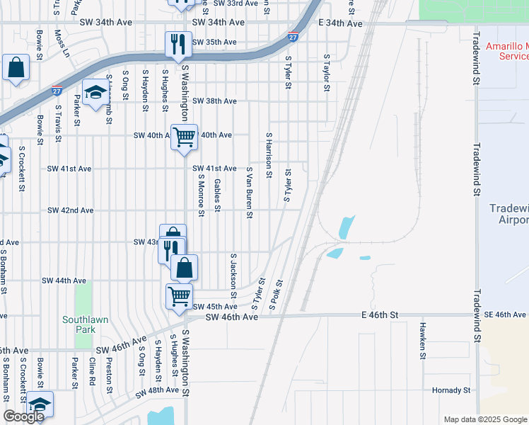 map of restaurants, bars, coffee shops, grocery stores, and more near 4200 South Harrison Street in Amarillo