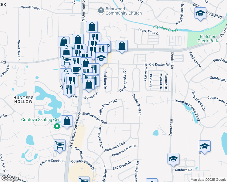 map of restaurants, bars, coffee shops, grocery stores, and more near 1602 Smokehouse Drive in Memphis