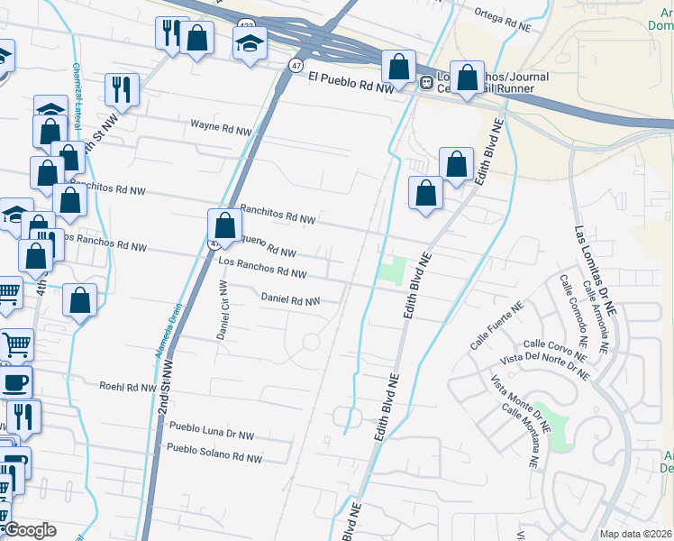 map of restaurants, bars, coffee shops, grocery stores, and more near 94 Rancho Pequenos Way in Albuquerque