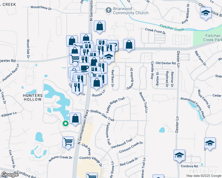 map of restaurants, bars, coffee shops, grocery stores, and more near 1599 Red Barn Drive in Memphis