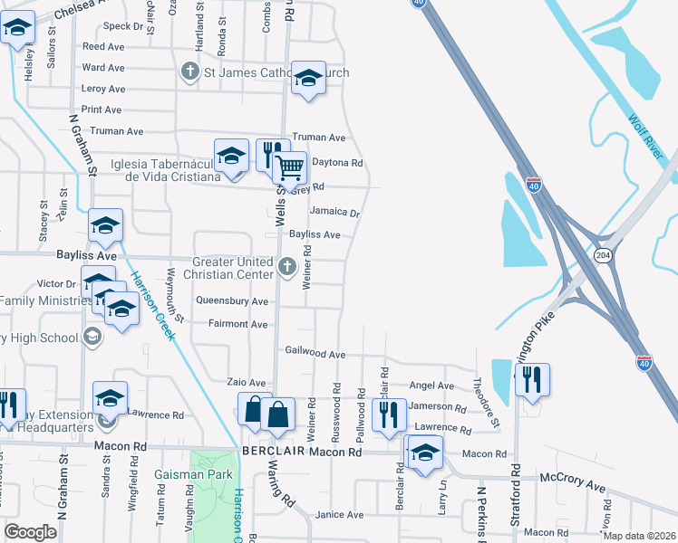 map of restaurants, bars, coffee shops, grocery stores, and more near 4381 Embassy Drive in Memphis