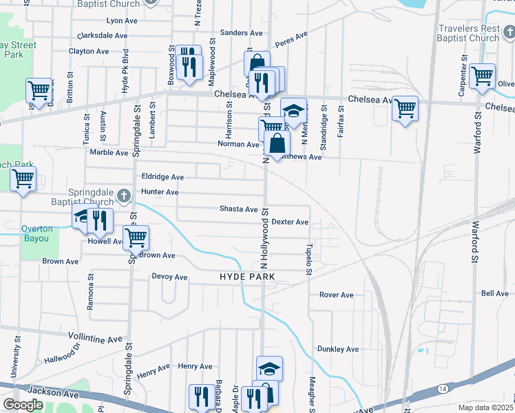 map of restaurants, bars, coffee shops, grocery stores, and more near 2438 Shasta Avenue in Memphis