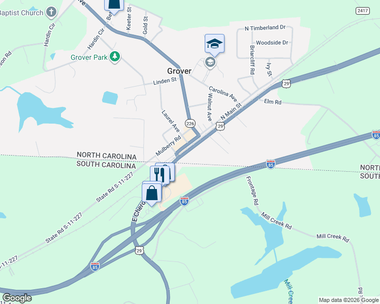 map of restaurants, bars, coffee shops, grocery stores, and more near 110 M H Camp Highway in Grover