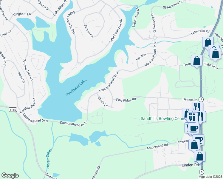 map of restaurants, bars, coffee shops, grocery stores, and more near 4 Shamrock Way in Pinehurst