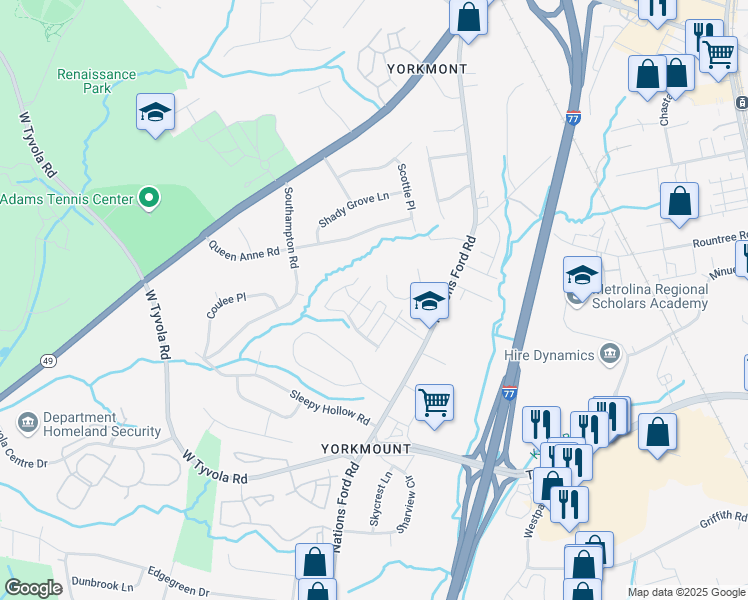 map of restaurants, bars, coffee shops, grocery stores, and more near 5564 Franklin Springs Circle in Charlotte