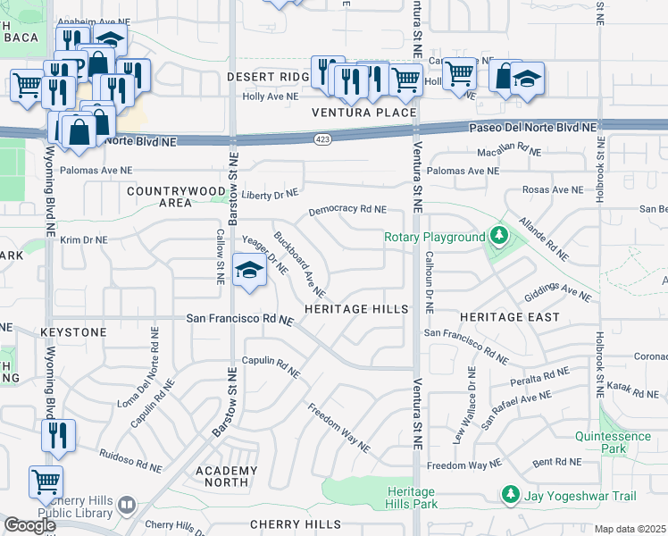 map of restaurants, bars, coffee shops, grocery stores, and more near 7616 Pioneer Trail Northeast in Albuquerque