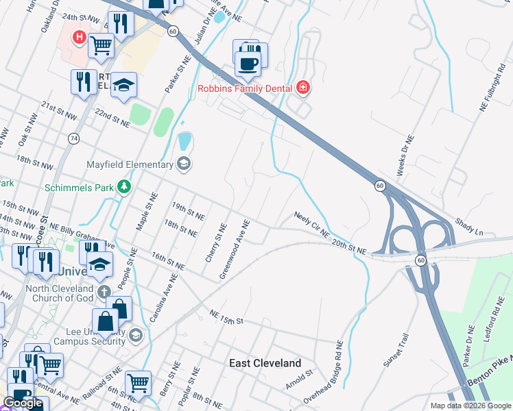 map of restaurants, bars, coffee shops, grocery stores, and more near 2030 Charles Street Northeast in Cleveland