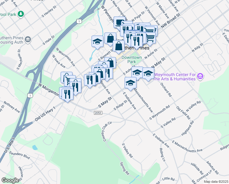 map of restaurants, bars, coffee shops, grocery stores, and more near 480 South May Street in Southern Pines