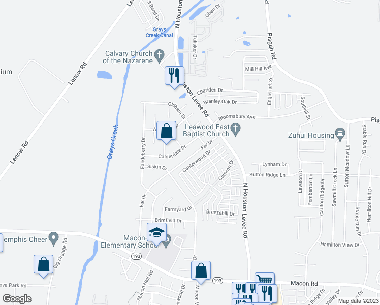 map of restaurants, bars, coffee shops, grocery stores, and more near 1605 Far Drive in Shelby County