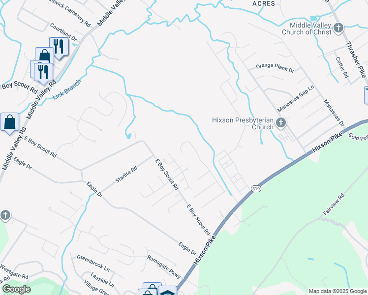 map of restaurants, bars, coffee shops, grocery stores, and more near 1608 Gunston Hall Road in Middle Valley