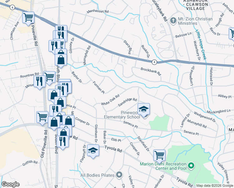map of restaurants, bars, coffee shops, grocery stores, and more near 4932 White Oak Road in Charlotte