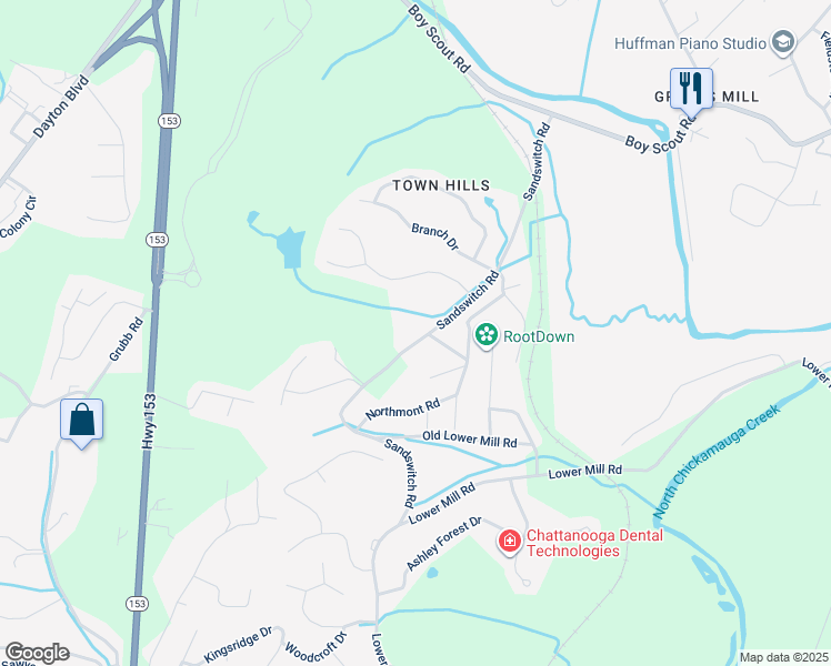 map of restaurants, bars, coffee shops, grocery stores, and more near 6673 Sandswitch Road in Chattanooga