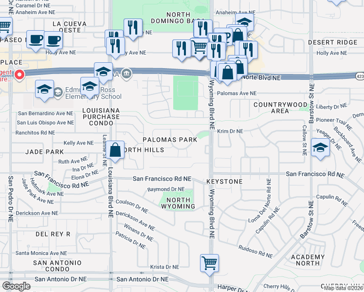 map of restaurants, bars, coffee shops, grocery stores, and more near 7301 Palomas Park Avenue Northeast in Albuquerque