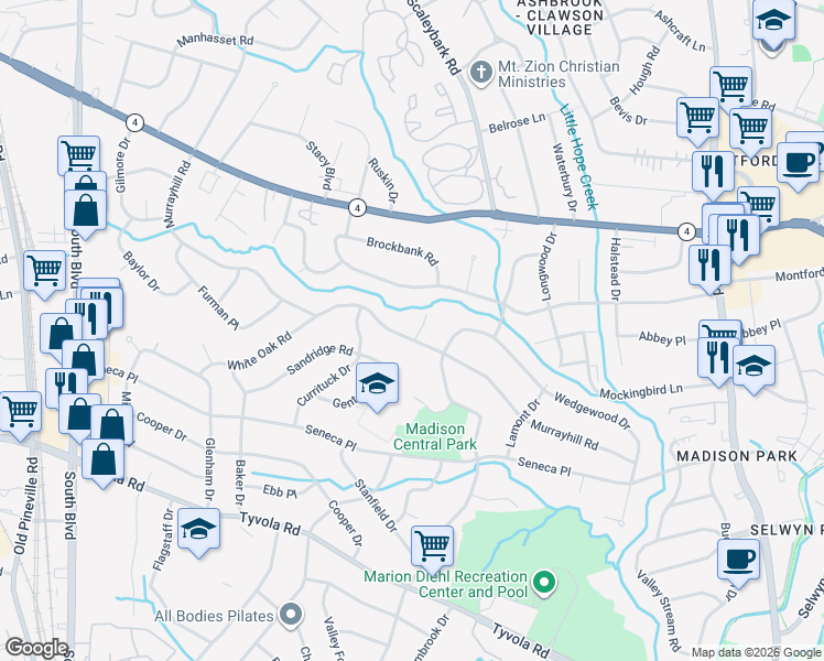 map of restaurants, bars, coffee shops, grocery stores, and more near 5345 Murrayhill Road in Charlotte