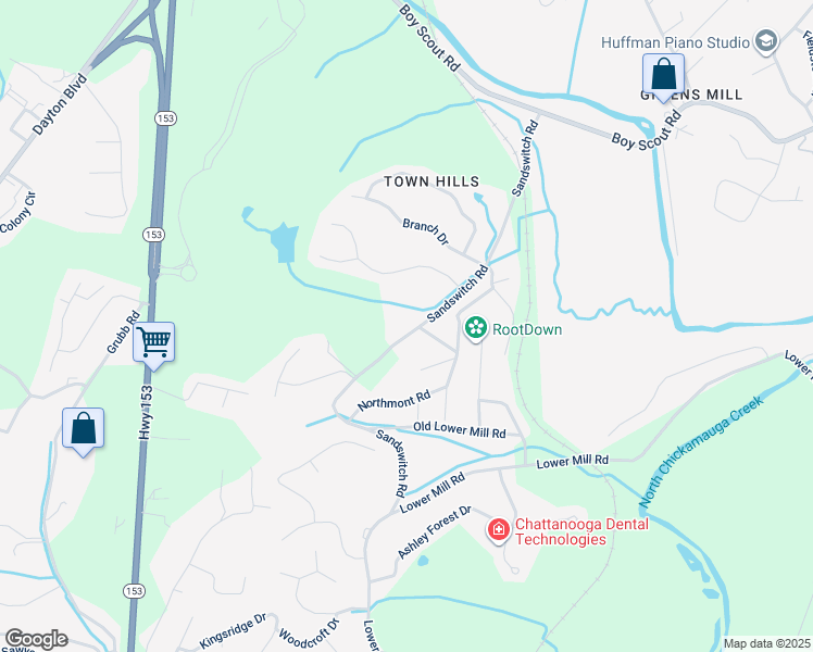 map of restaurants, bars, coffee shops, grocery stores, and more near 6673 Sandswitch Road in Chattanooga