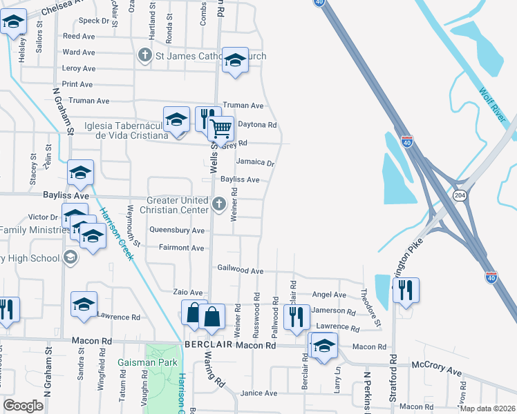 map of restaurants, bars, coffee shops, grocery stores, and more near 4381 Embassy Drive in Memphis