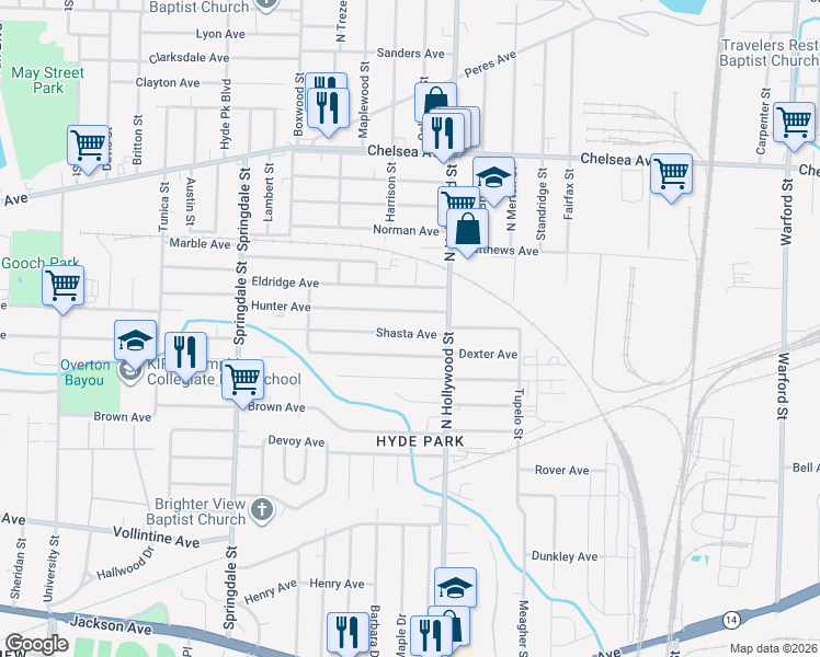 map of restaurants, bars, coffee shops, grocery stores, and more near 2392 Shasta Avenue in Memphis
