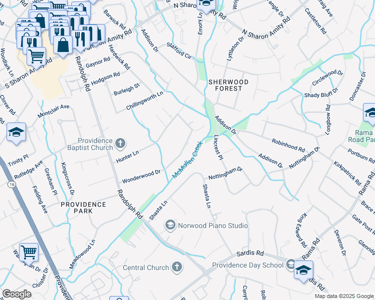 map of restaurants, bars, coffee shops, grocery stores, and more near 416 Wonderwood Drive in Charlotte
