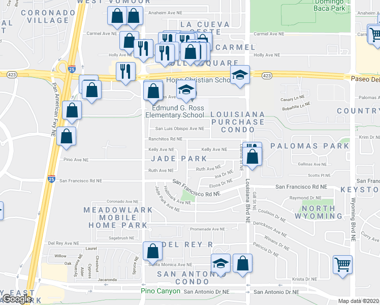 map of restaurants, bars, coffee shops, grocery stores, and more near 6700 Kelly Avenue Northeast in Albuquerque