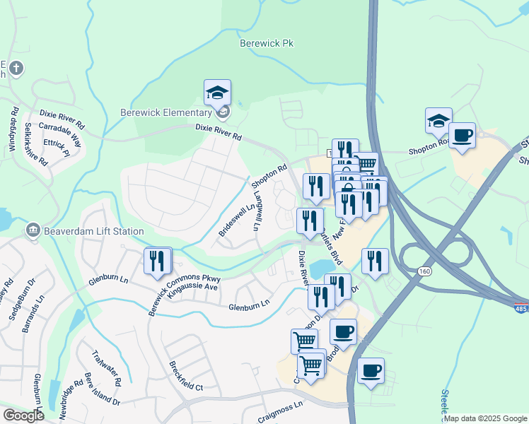 map of restaurants, bars, coffee shops, grocery stores, and more near 5834 Langwell Lane in Charlotte